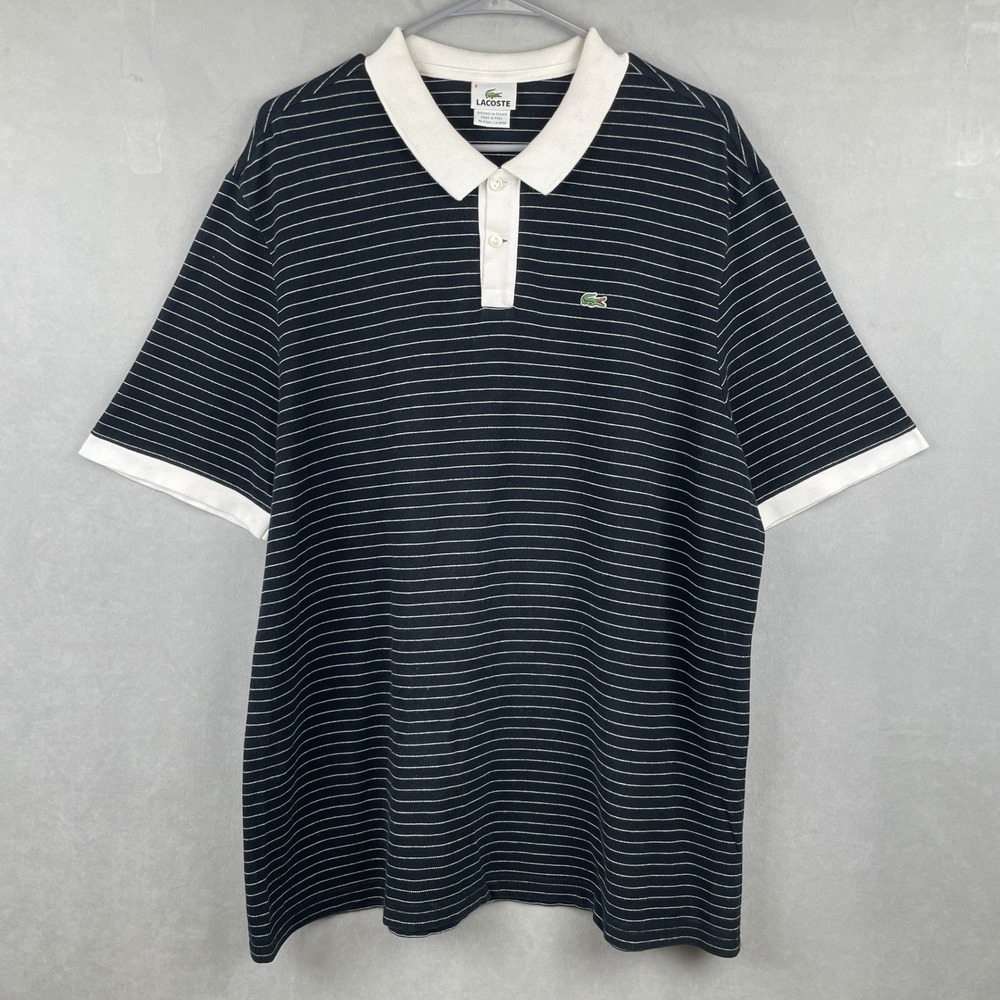 VTG Lacoste Mens Striped Polo S/S Shirt Navy Blue White Preppy Cotton 8 3XL Croc